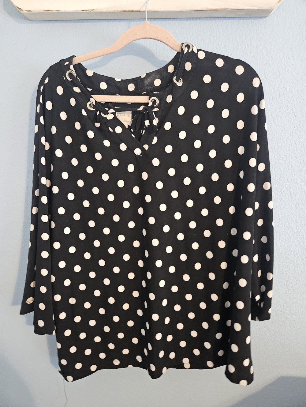 Chico's Black and White Polka Dot Tie Neck Blouse